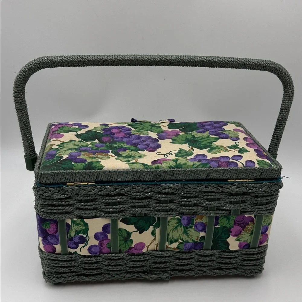 Vintage Sewing Basket Green Floral Tapestry w/Inside Tray Handle Wicker